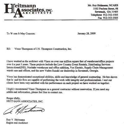 Heitmann Associates Inc. Letter — Port Wentworth, GA — J N Thompson Construction Inc