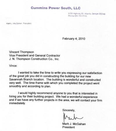 Cummins Power South, LCC Letter — Port Wentworth, GA — J N Thompson Construction Inc
