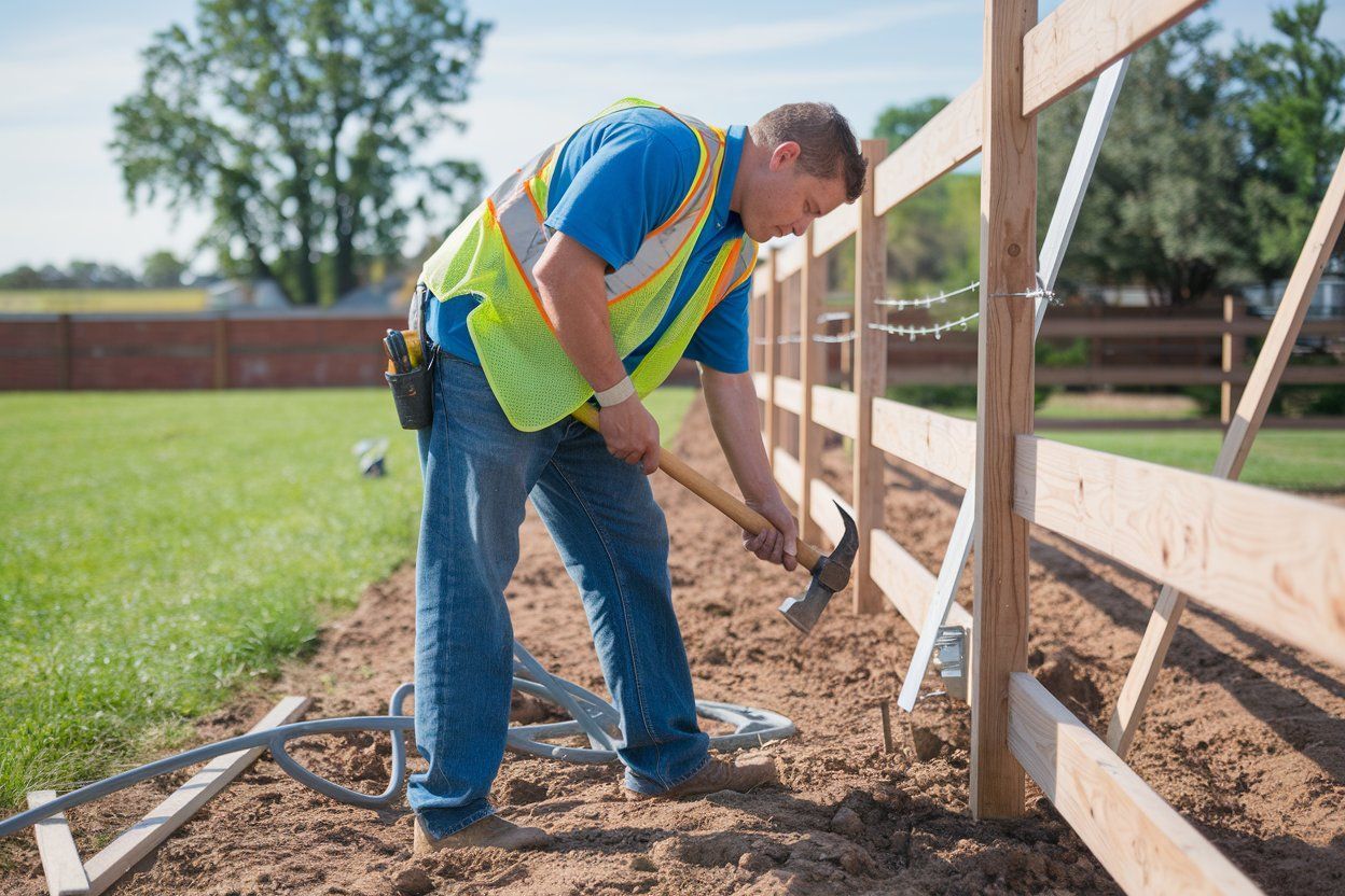 A man is hammering a nail into a wooden fence.
