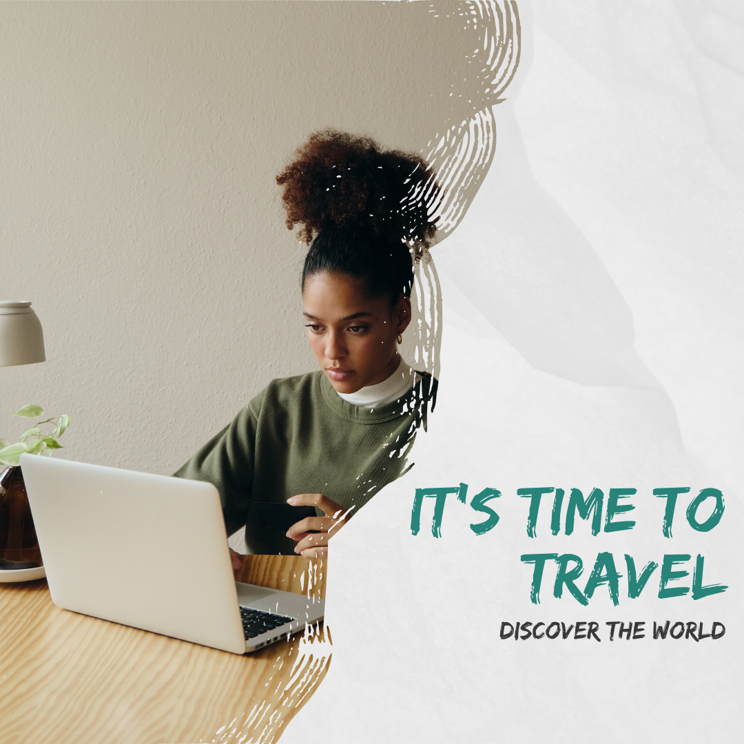 Woman using a laptop on a wooden desk; text