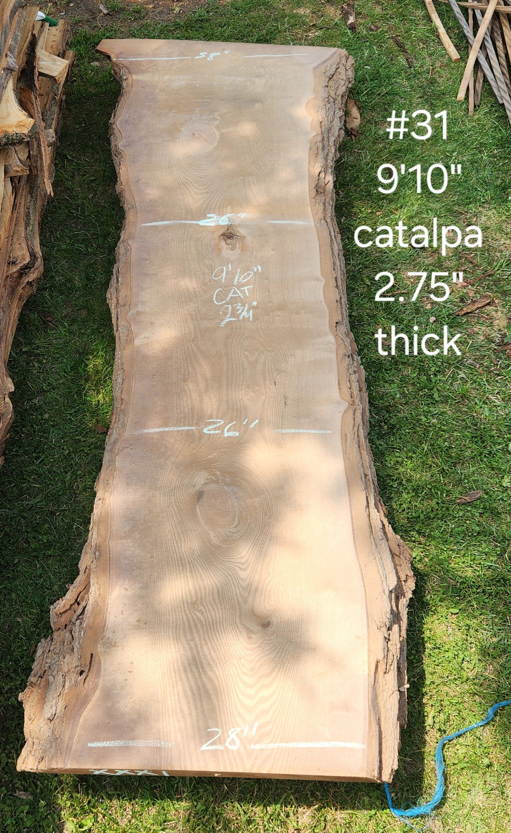 A large piece of wood is sitting on top of a lush green field.