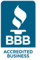 A blue and white logo for bbb accredited business