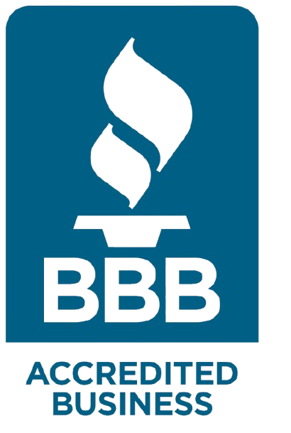 A blue and white logo for bbb accredited business