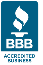 A blue and white logo for bbb accredited business