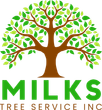 The logo for milks tree service inc shows a tree with green leaves.