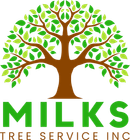 The logo for milks tree service inc shows a tree with green leaves.