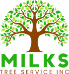 The logo for milks tree service inc shows a tree with green leaves.