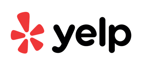 A yelp logo with a red star on a white background.