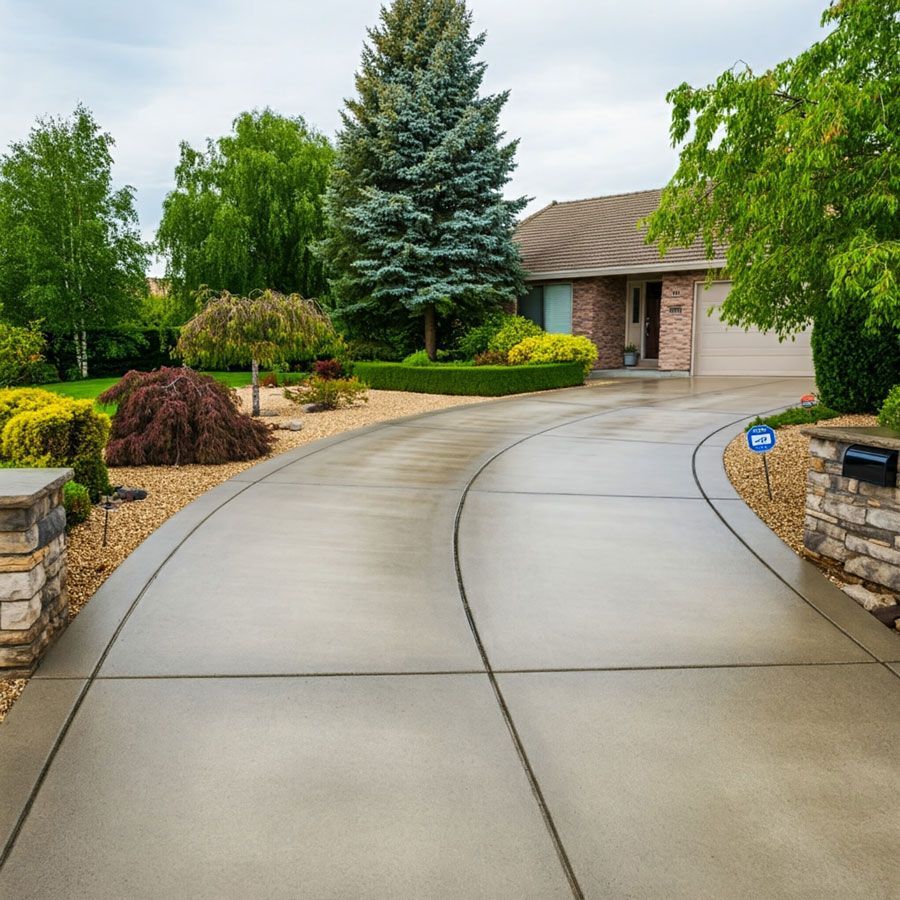 A concrete driveway leading to a house with trees and bushes.