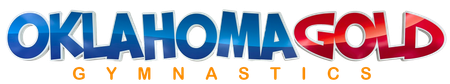 Oklahoma Gold Gymnastics logo in red, blue, and gold text