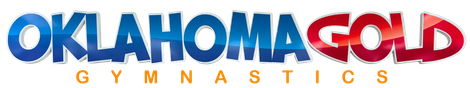 Oklahoma Gold Gymnastics logo in red, blue, and gold text