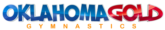 Oklahoma Gold Gymnastics logo in red, blue, and gold text