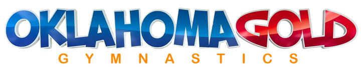 Oklahoma Gold Gymnastics logo in red, blue, and gold text