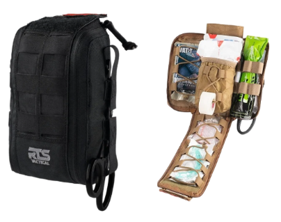 Black and tan first aid kit; closed, and open with supplies visible.