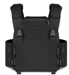 Black tactical plate carrier vest with MOLLE webbing and side pouches.