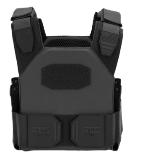 Black tactical plate carrier with front pouches and shoulder pads.