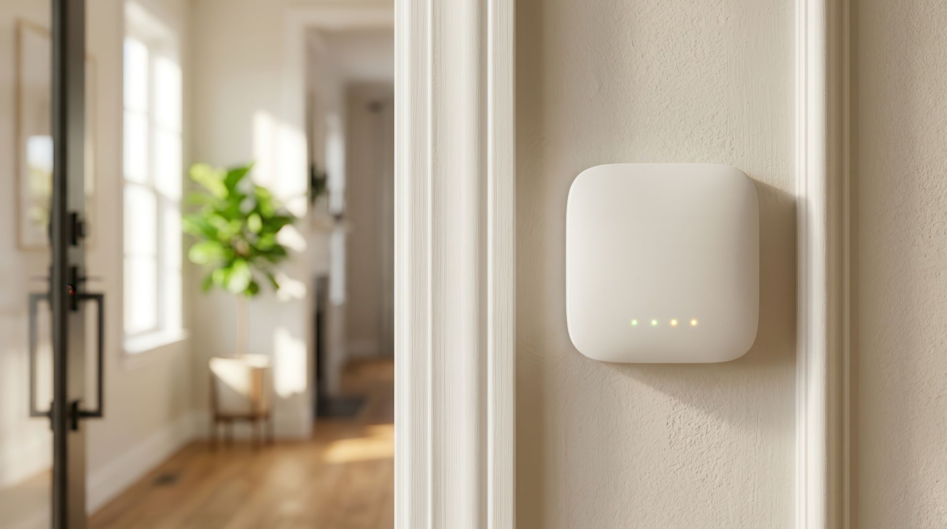 Wall-mounted home alarm detector near an interior doorway.