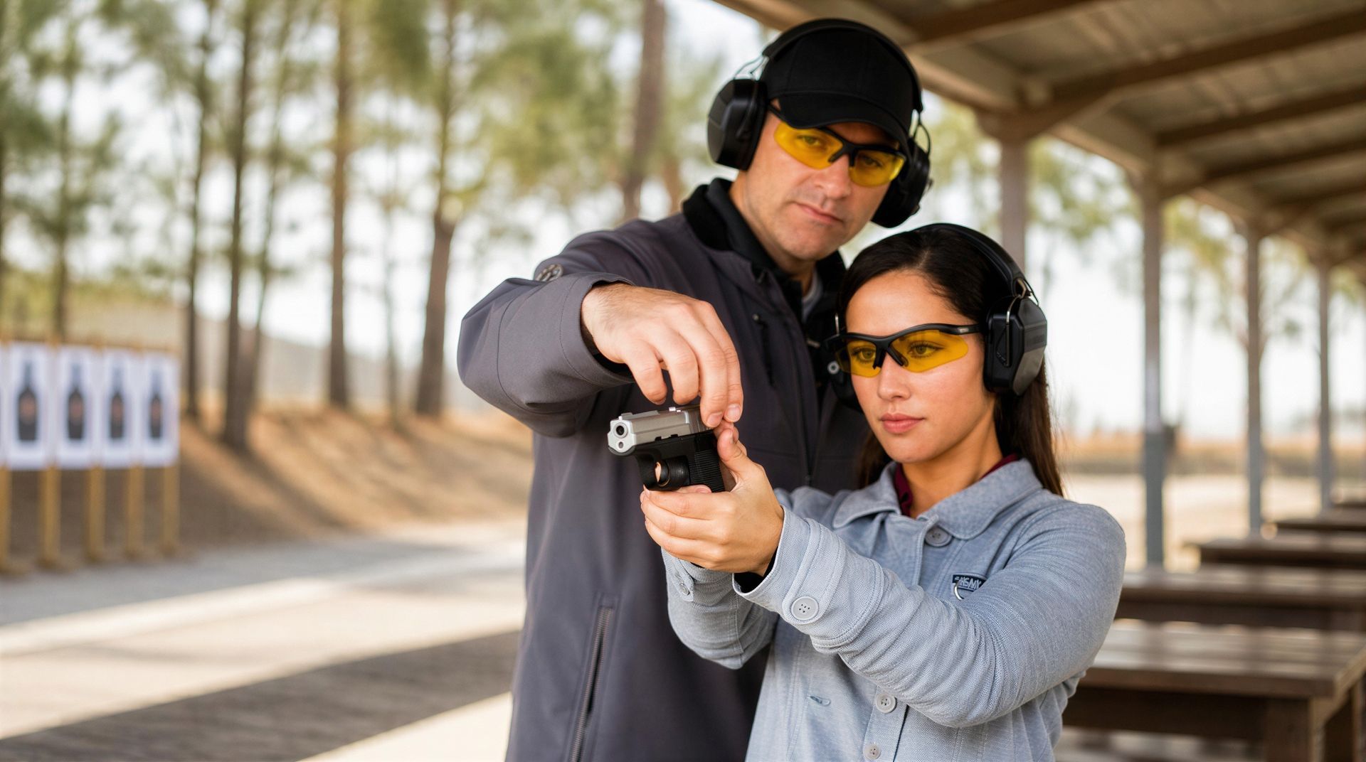 Two people aiming a handgun together at an outdoor shooting range, both wearing ear and eye protection.