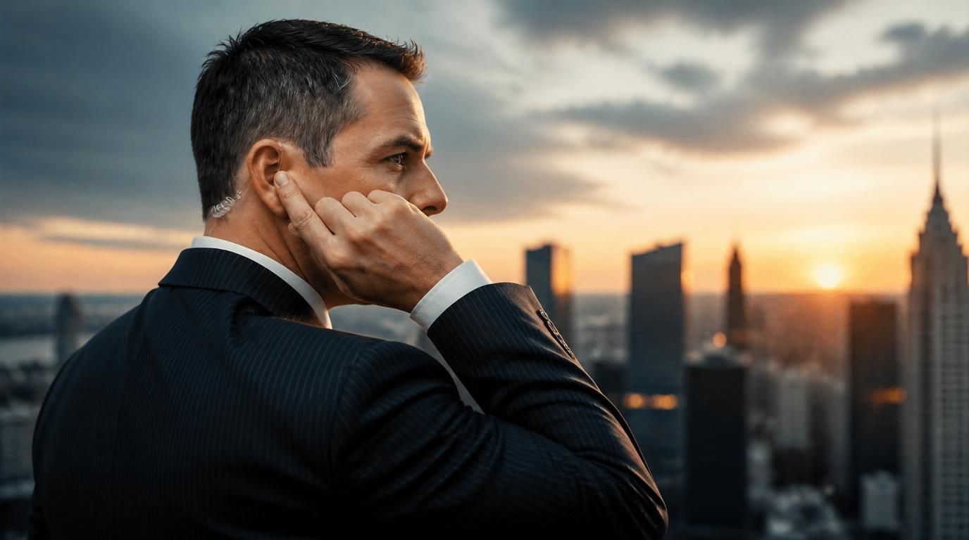 Businessman in a suit holding his earpiece, overlooking a city skyline at sunset.