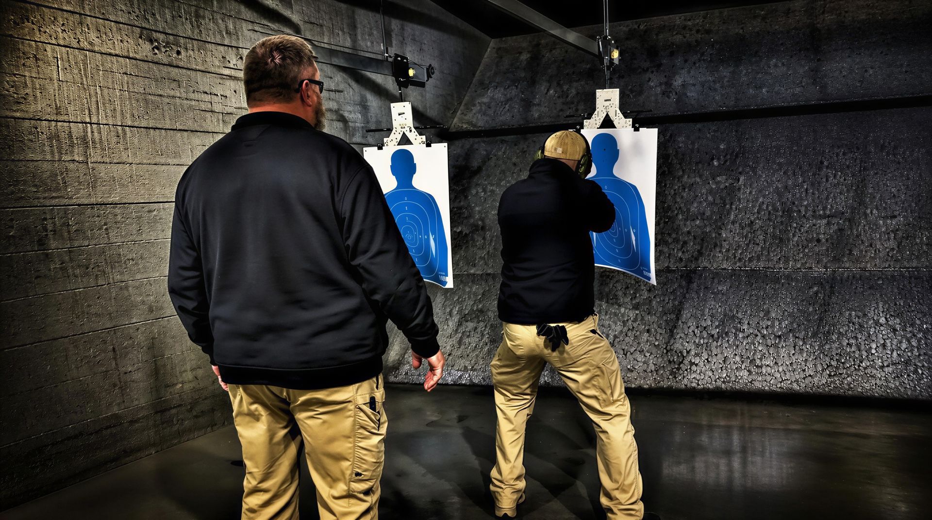 Two people in a shooting range aiming at blue-and-white paper targets indoors