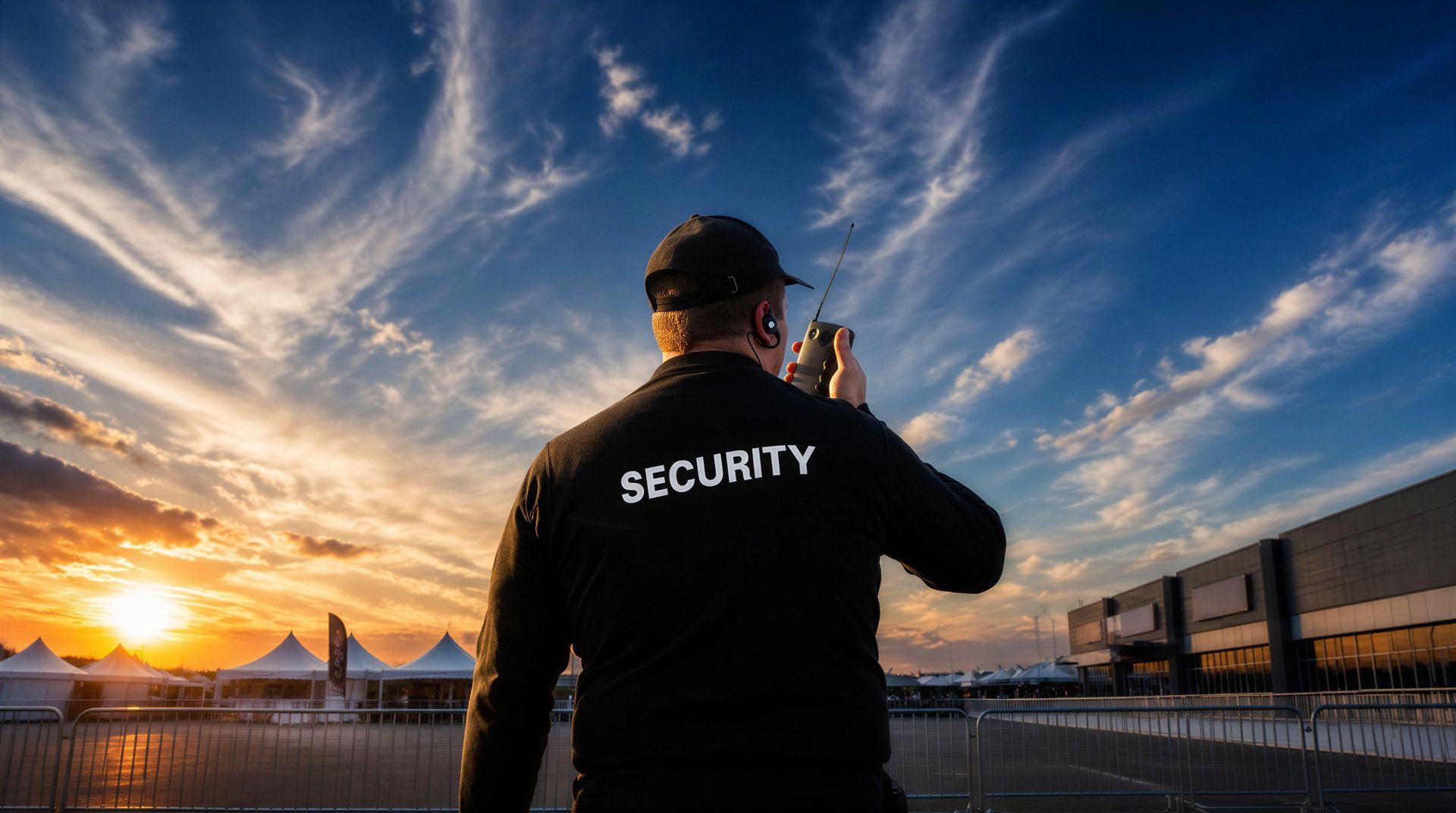 Security guard in black jacket stands at sunset, facing a concert venue and speaking on a phone.