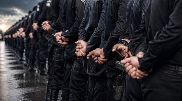 Line of people in black clothing standing with hands clasped on a wet street, seen from the side.