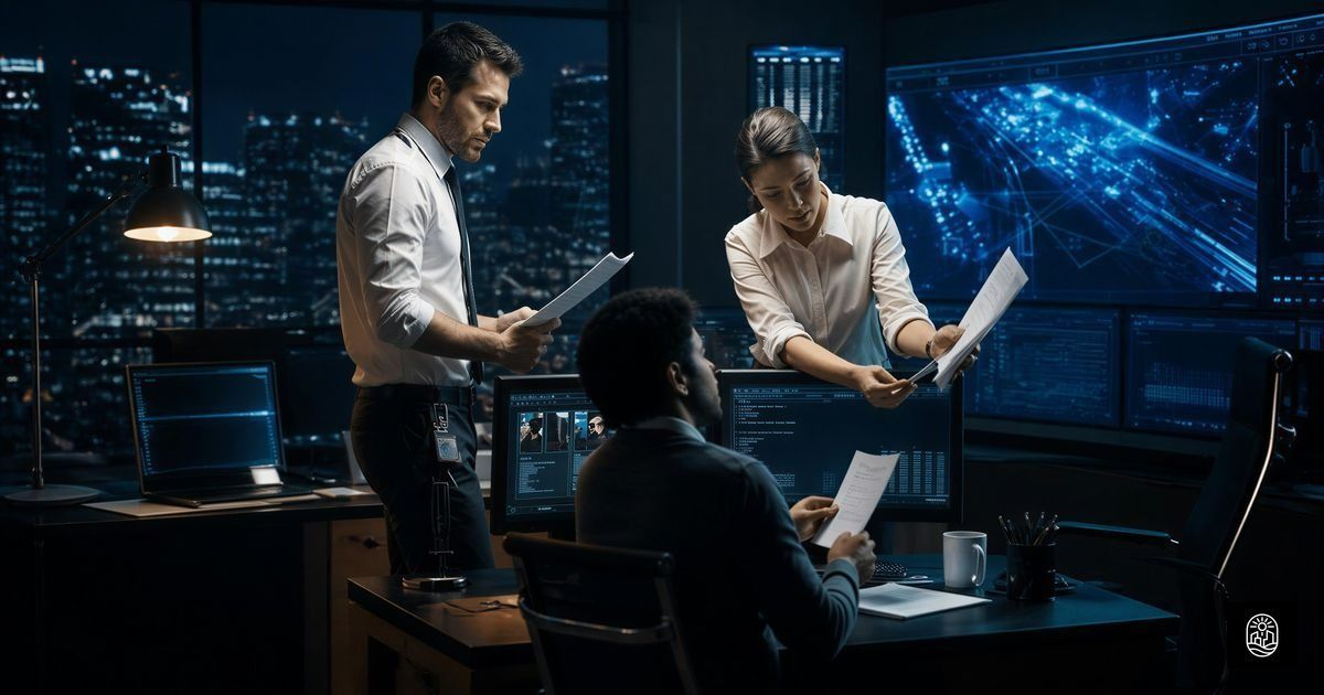 Team collaborating over laptops in a dimly lit office with blue digital screens.