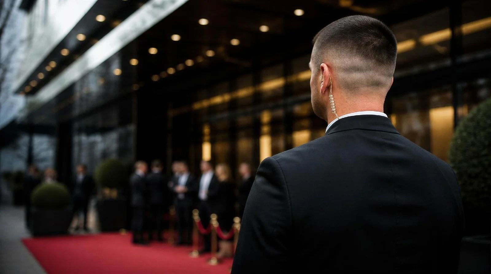 Man in a dark suit stands on a red carpet outside a lit venue, facing a crowd