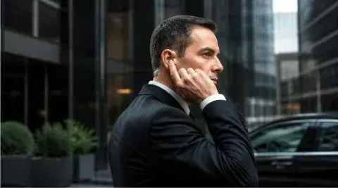 Man in a dark suit resting his cheek on his hand outside a modern office building