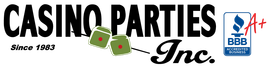 The logo for casino parties inc. has dice on it