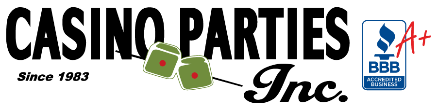 The logo for casino parties inc. has dice on it