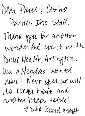 A handwritten note that says thank you for another wonderful event with dental health arlington