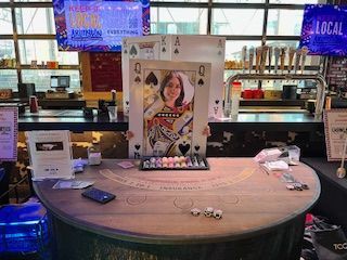 A round table with a picture of a woman on it.