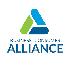 The logo for the business consumer alliance is a blue and green triangle.