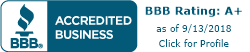 A blue button that says bbb rating a+ as of 9/13/2018