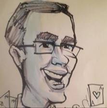 A black and white drawing of a man wearing glasses and smiling.