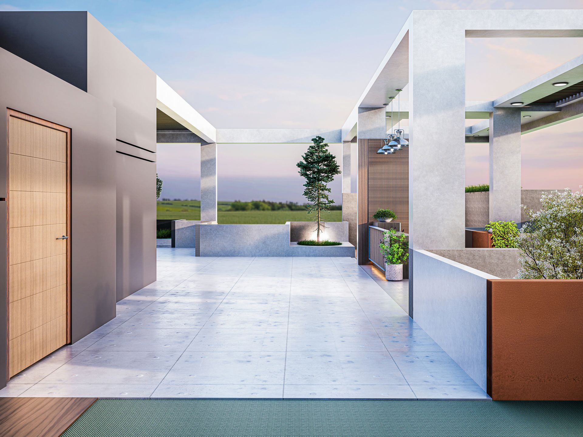 Modern rooftop patio with white tile, wooden doors, planters, and open sky view
