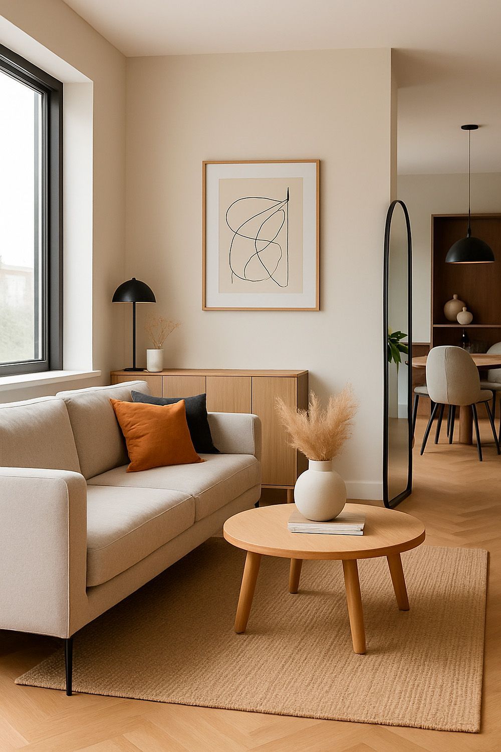 Una sala de estar con sofá, mesa y espejo.