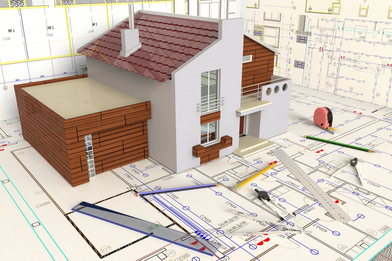 Modelo 3D de casa sobre planos arquitectónicos con herramientas, mostrando un plan de construcción.