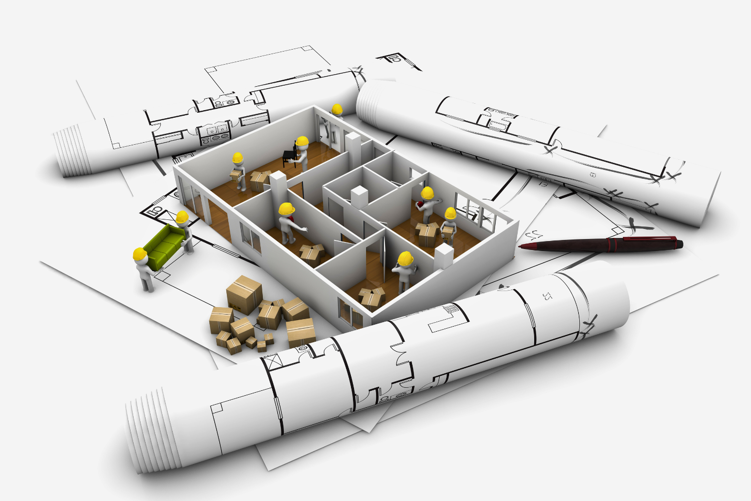 A 3d model of a house is on top of rolls of blueprints