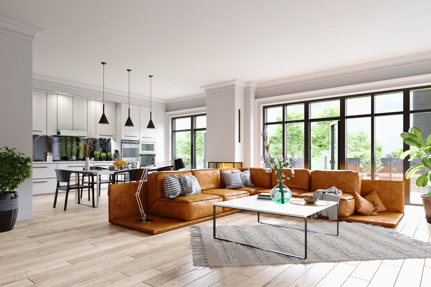 A living room with a brown sectional couch and a coffee table.