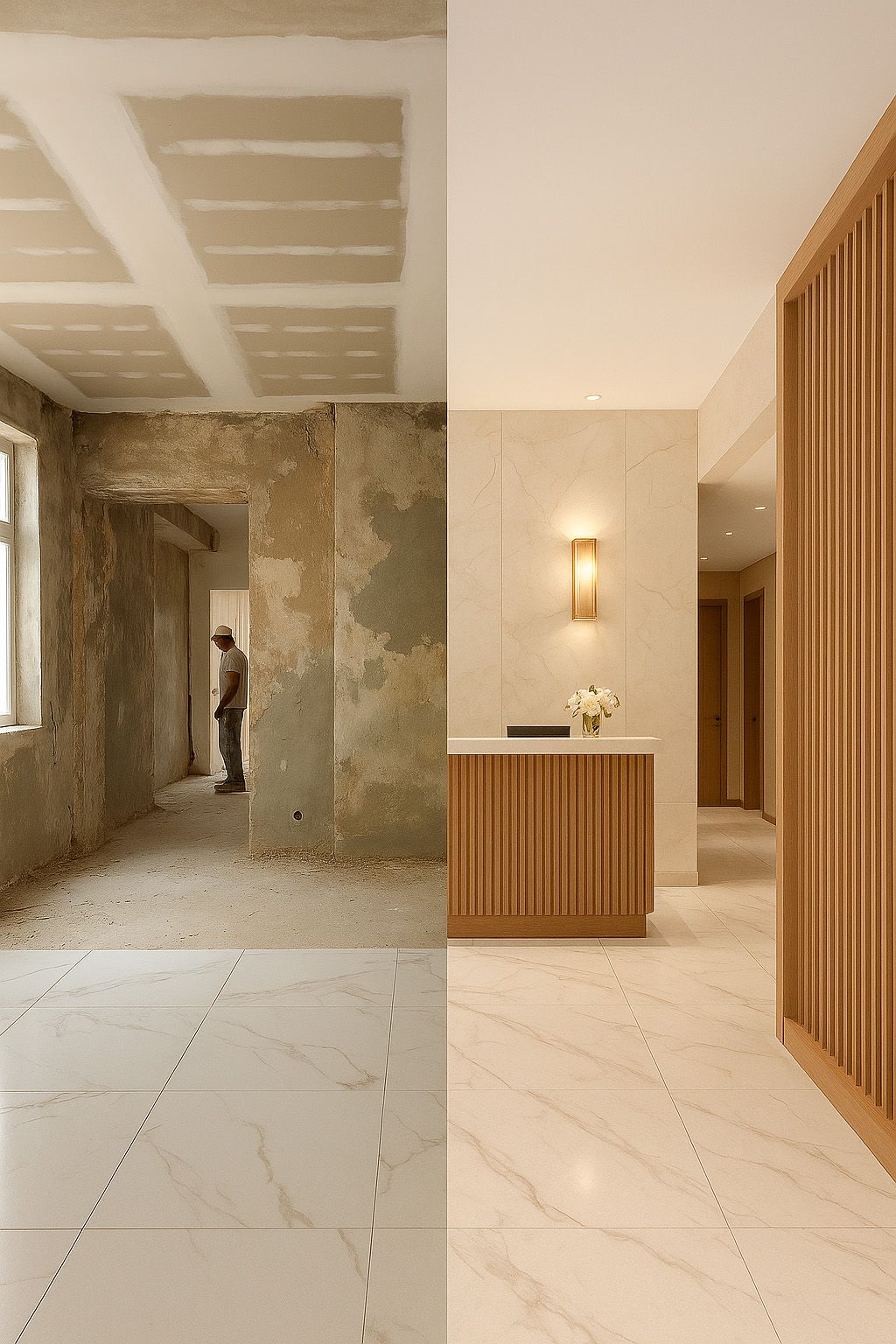 Una fotografía de antes y después de una habitación que está siendo remodelada.