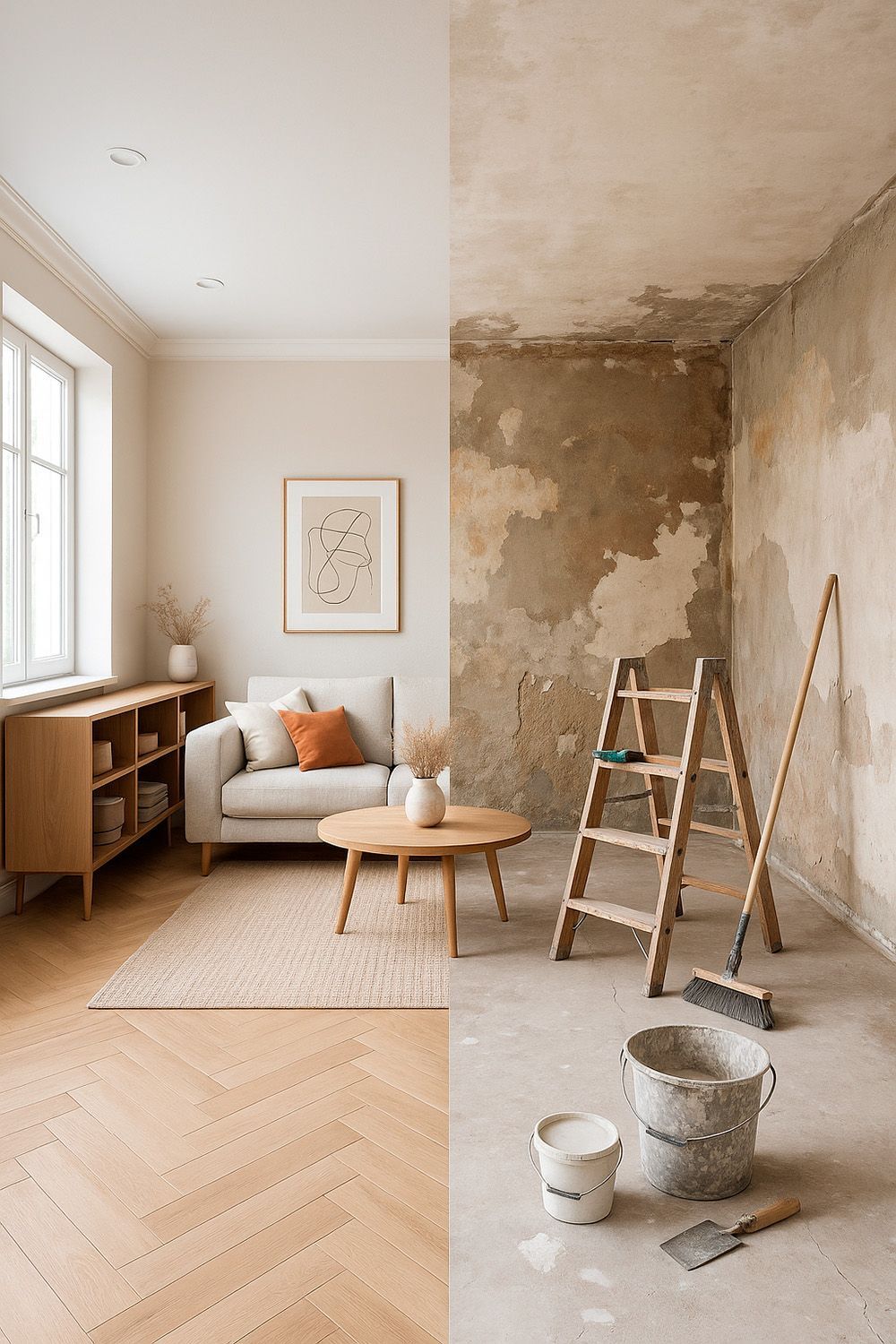 Una sala de estar antes y después de ser remodelada.