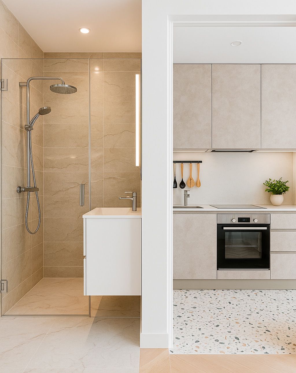 Un baño con ducha a ras de suelo junto a una cocina.