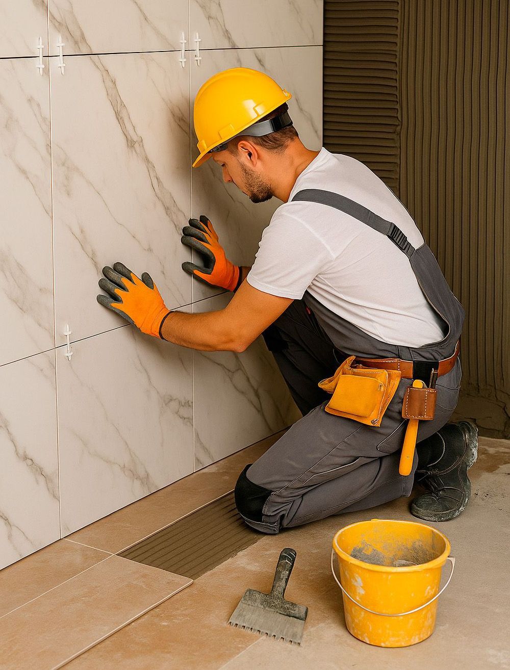 Un hombre se arrodilla mientras instala azulejos en una pared.