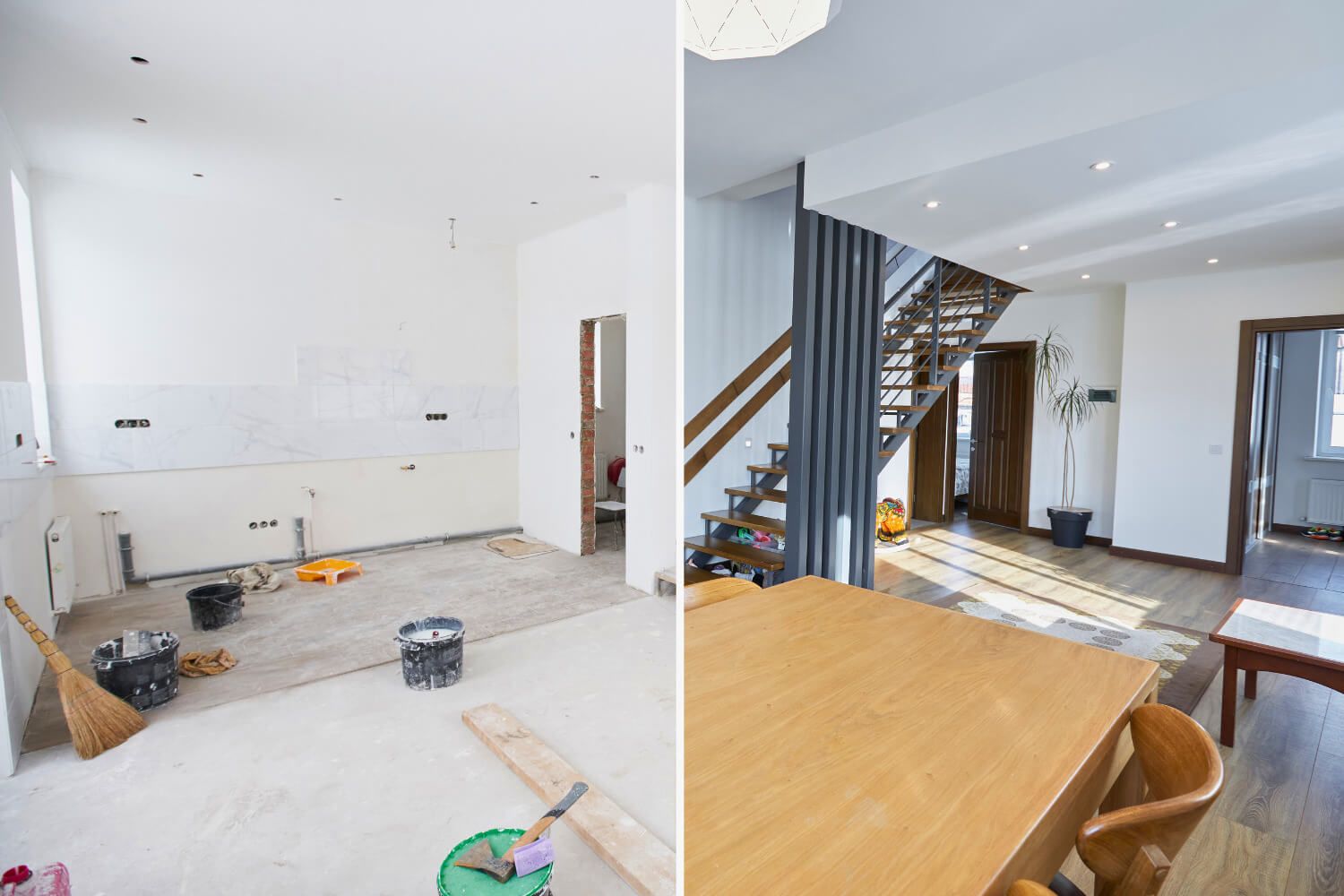 Antes y después de una reforma interior de vivienda: cocina sin acabar junto a un comedor terminado.