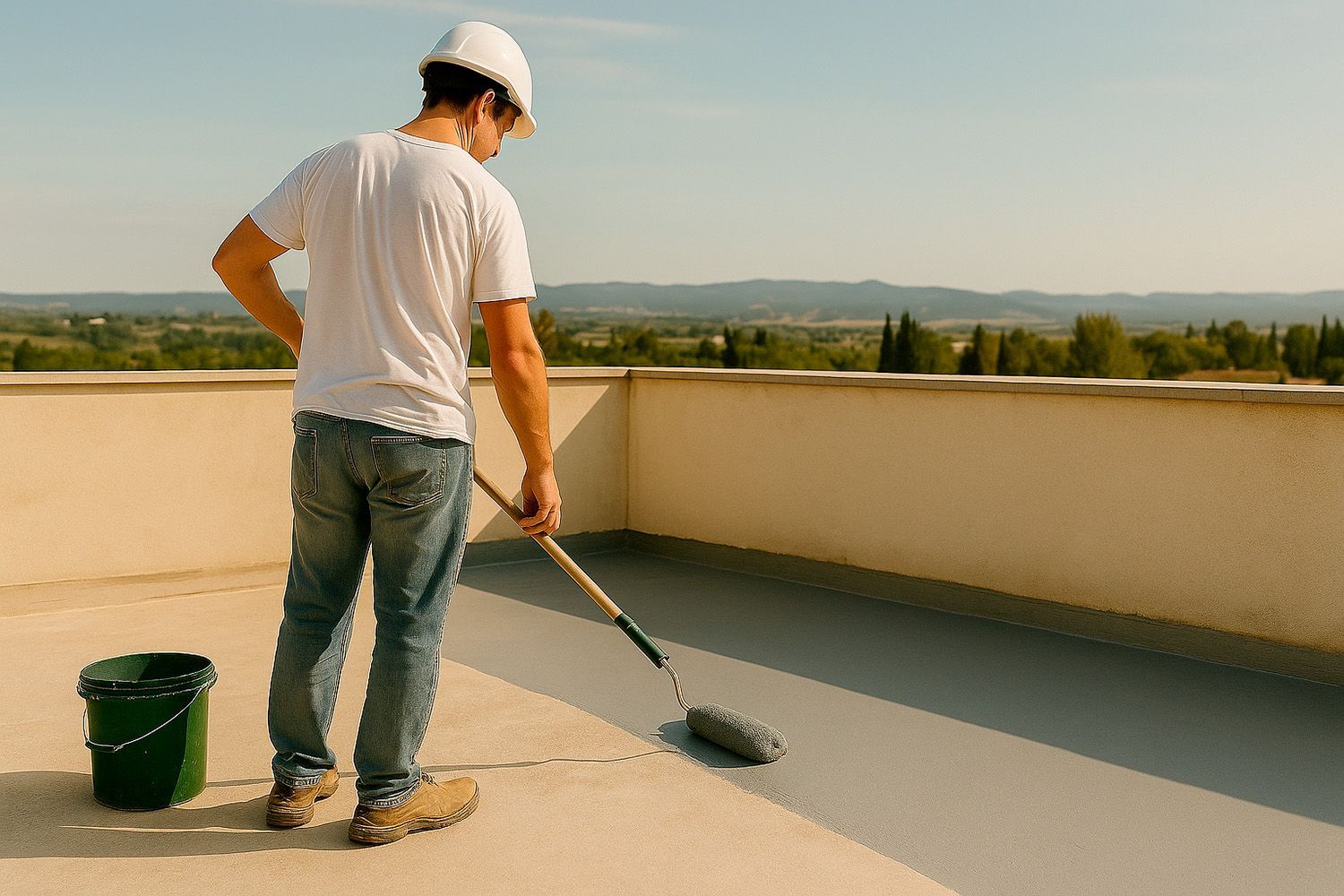 Un hombre está pintando un techo con un rodillo.