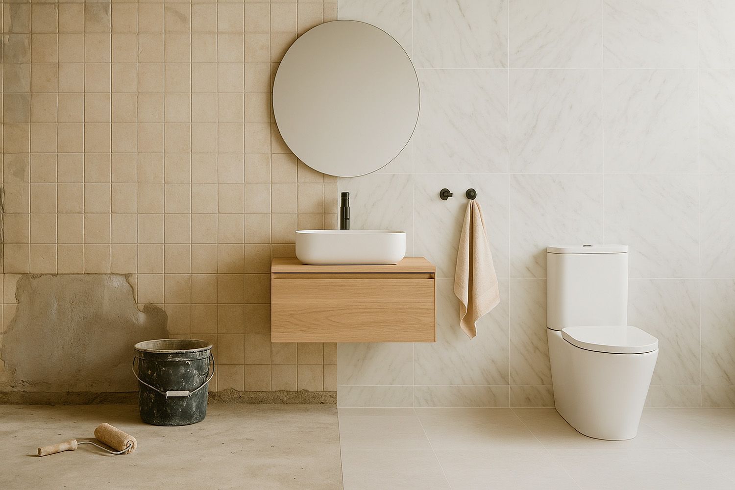 Un baño en construcción con lavabo, inodoro y espejo.