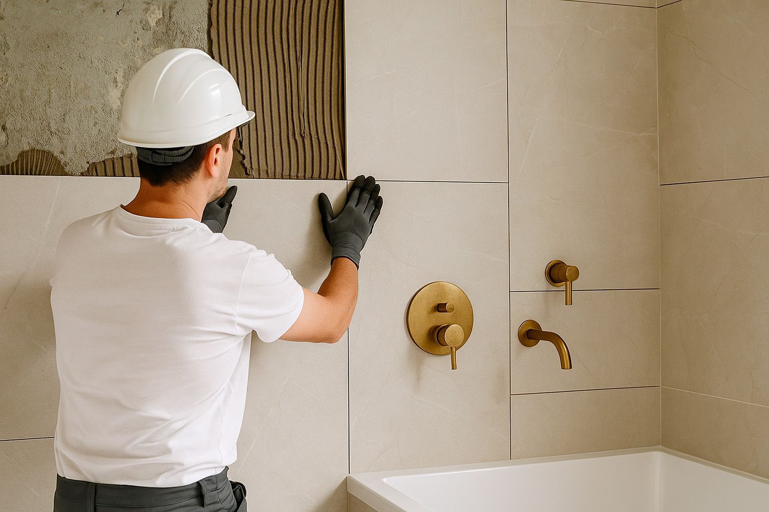 Un hombre está instalando azulejos en la pared de un baño.