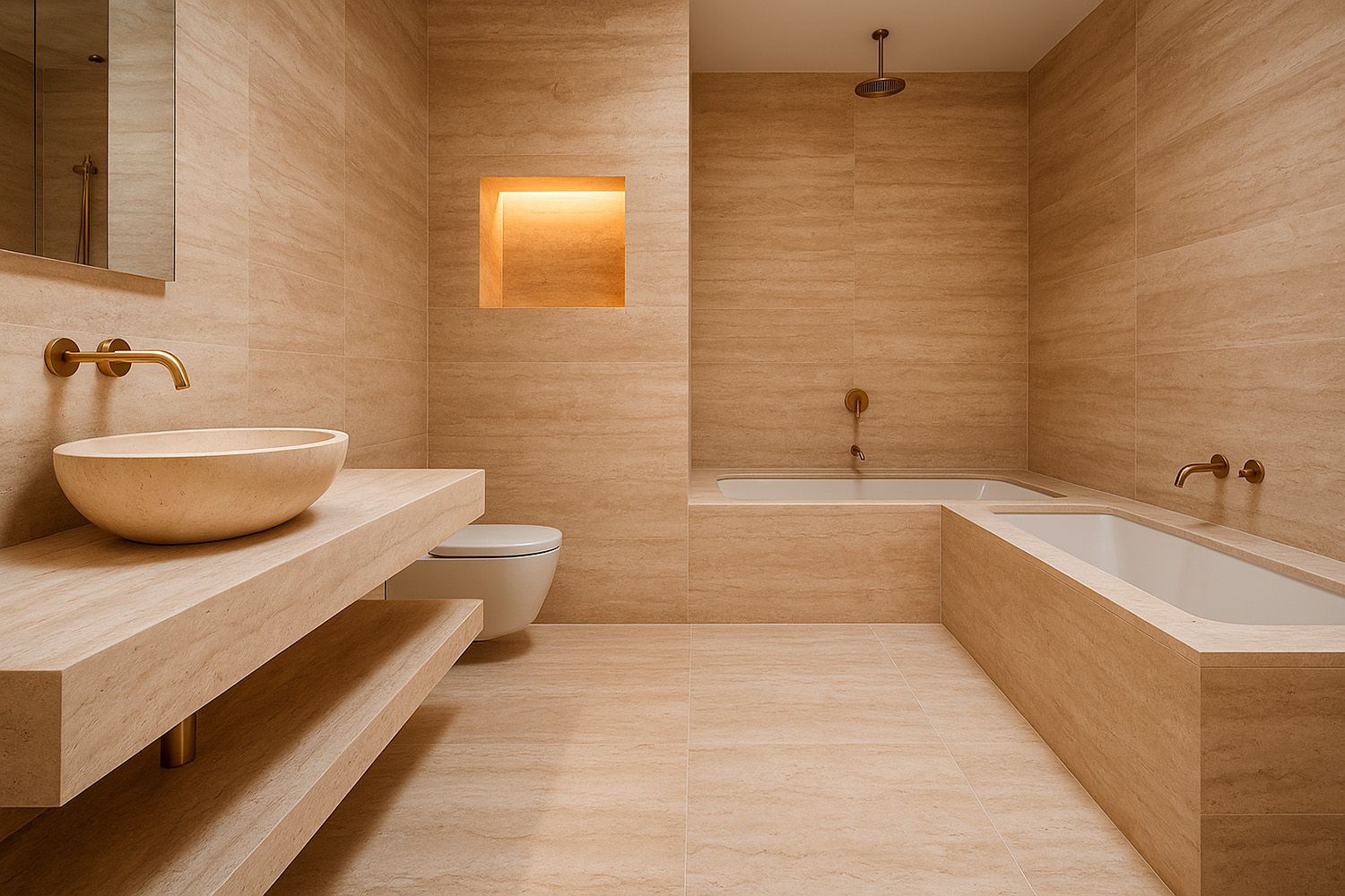 Un baño con lavabo, inodoro, bañera y espejo.